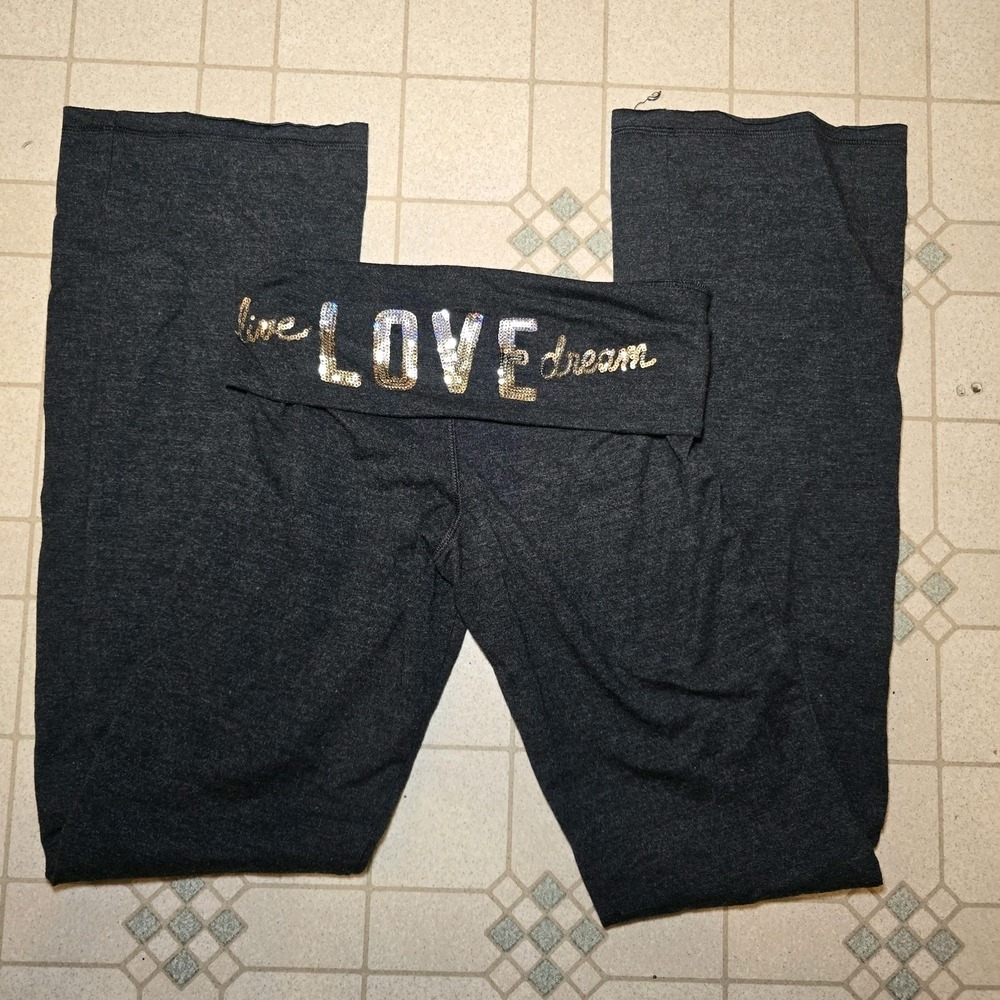 Y2k Aeropostale Live Love Dream Foldover Flare Leggings Small Gray Bling Sequin